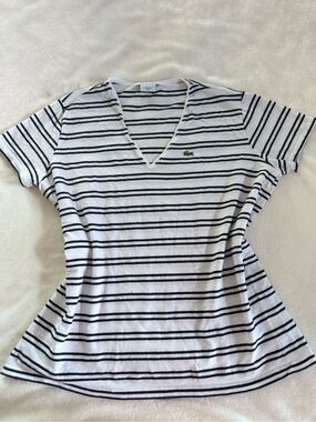 Lacoste White Tee with Black Stripes V‑Neck